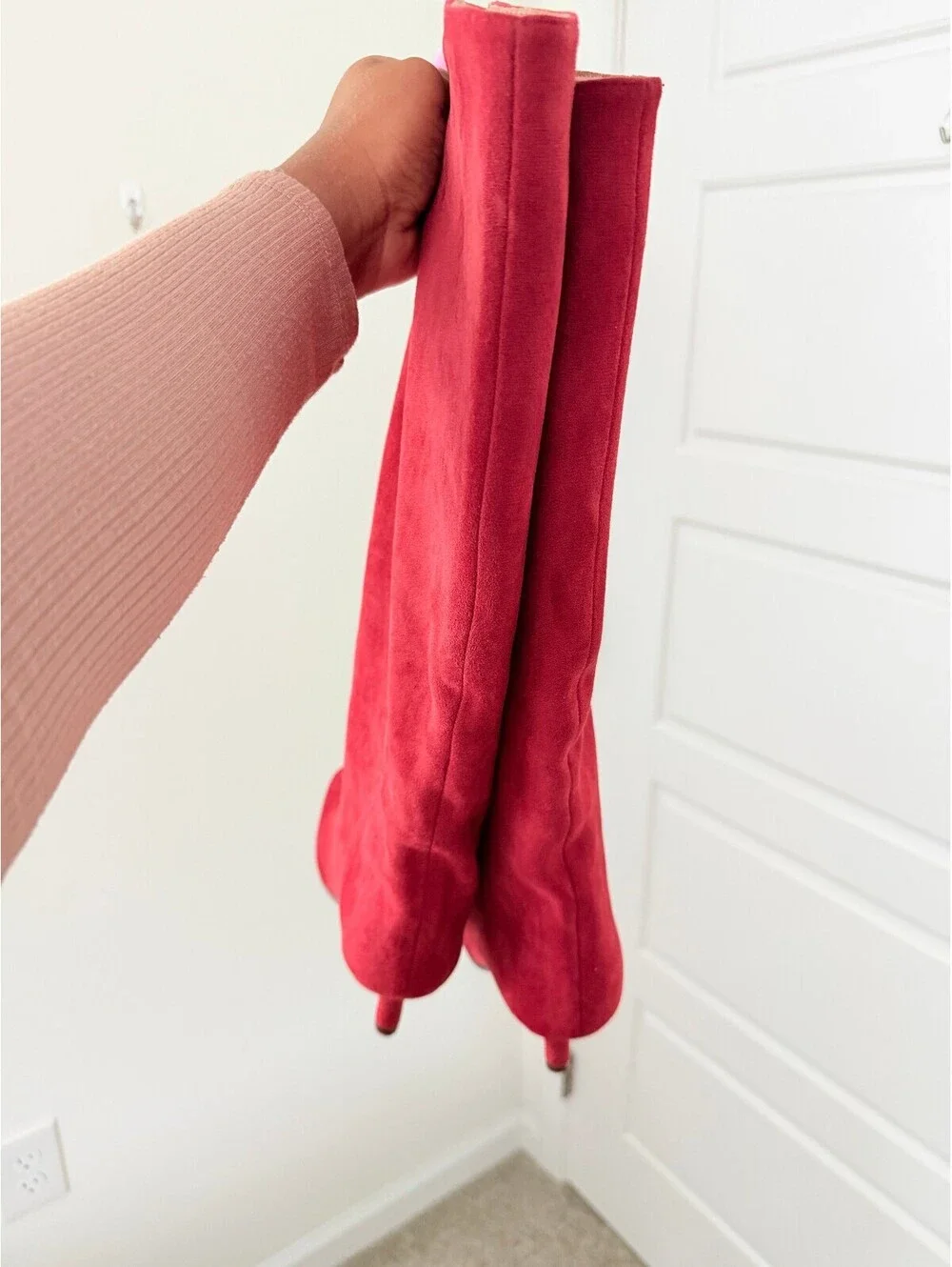Red Suede Knee High Boots Women’s Size 7 Stiletto Heel Y2K